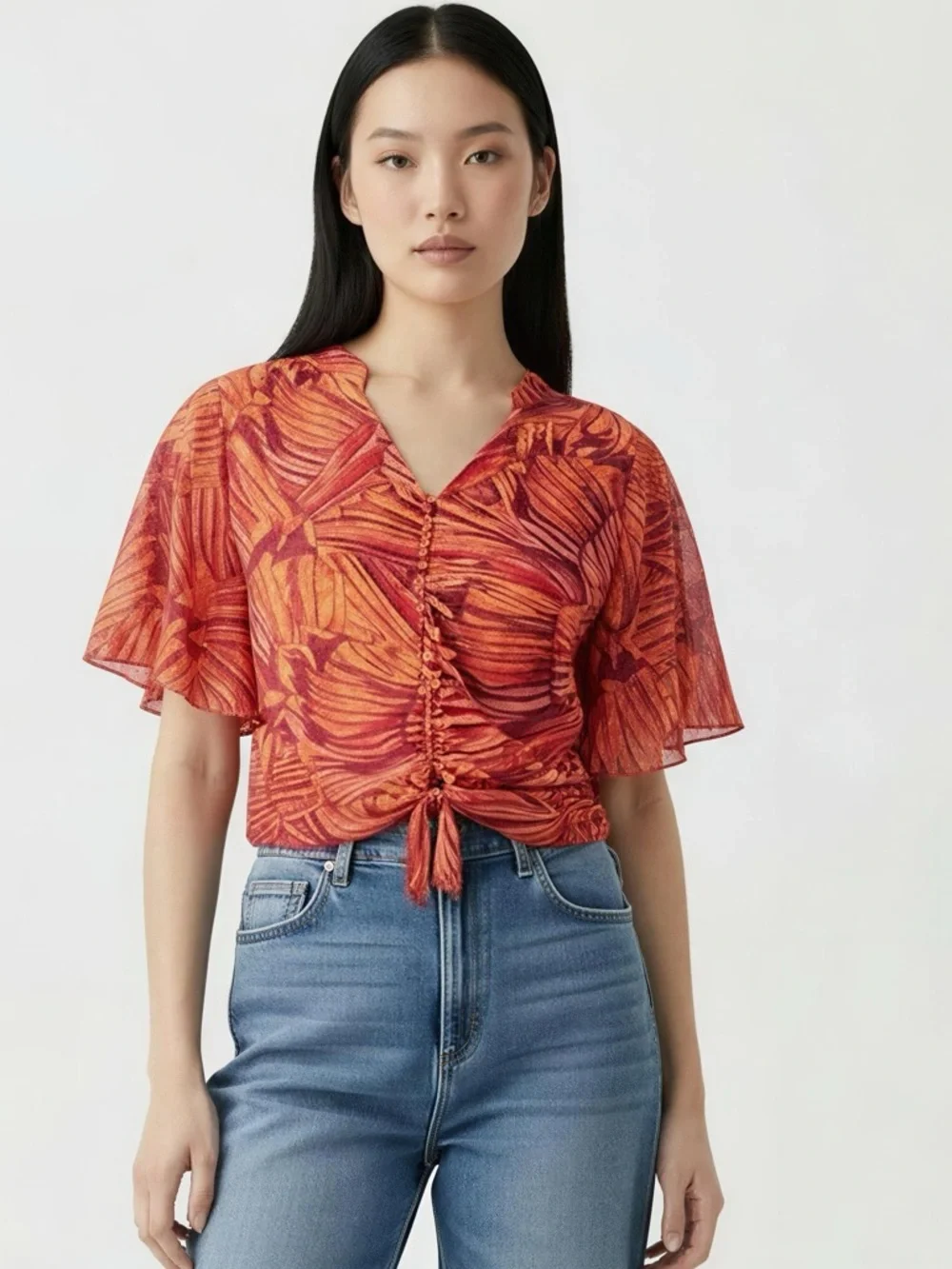 a.n.a Short Sleeve Sheer Vibrant Blouse